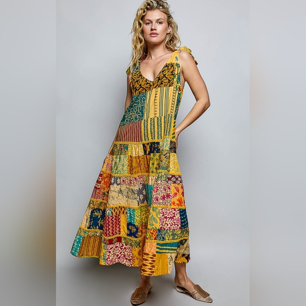 #1420 POL Golden Wanderer Patchwork Boho Maxi Dress